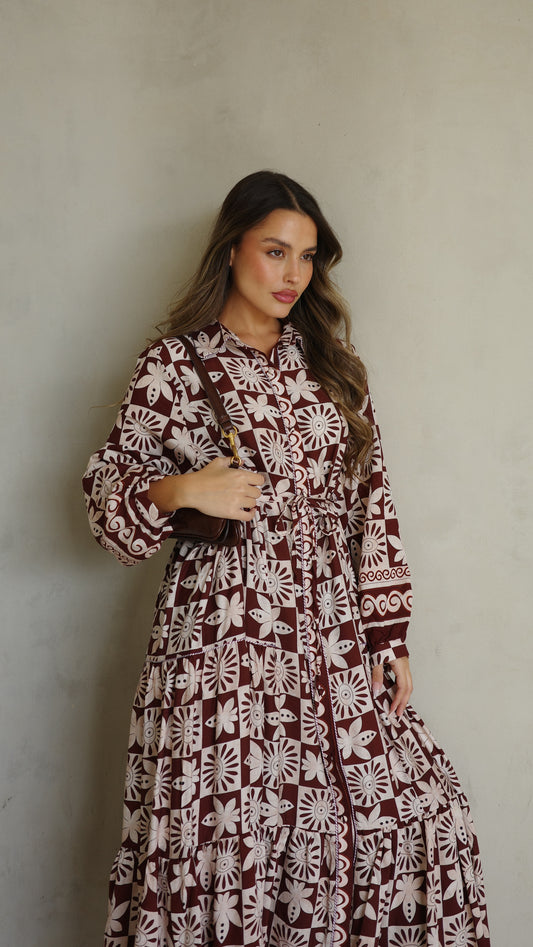 שמלת קלוש כפתורים אשלי | בז/בורדו