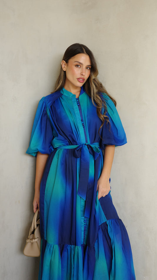 שמלת שיפון שרוול בלון דונה | כחול