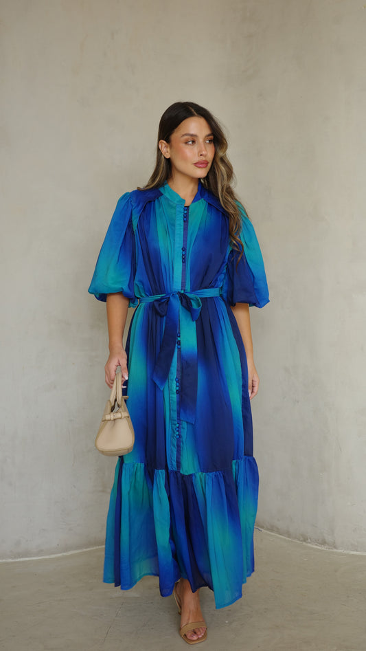 שמלת שיפון שרוול בלון דונה | כחול