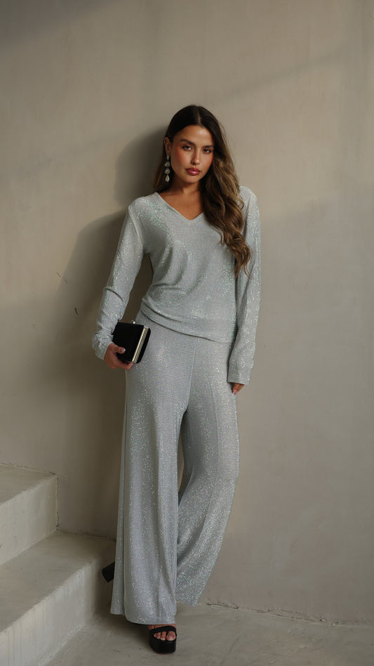 חליפת מכנס ניטים אלסנדרה | אפור כסוף