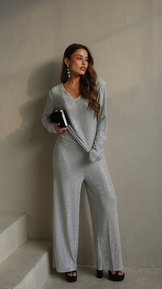 חליפת מכנס ניטים אלסנדרה | אפור כסוף