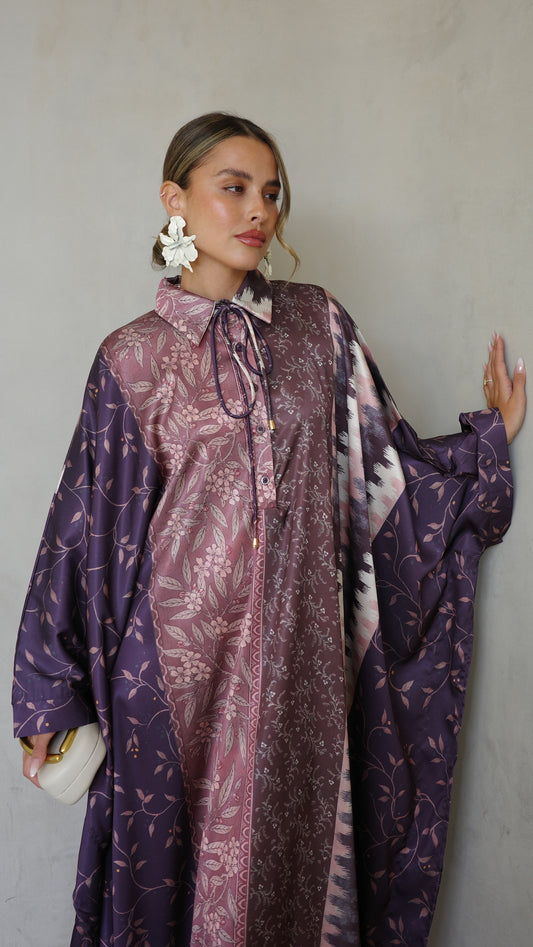 שמלת מקסי אוברסייז סאטן גולייט | סגול/ורוד