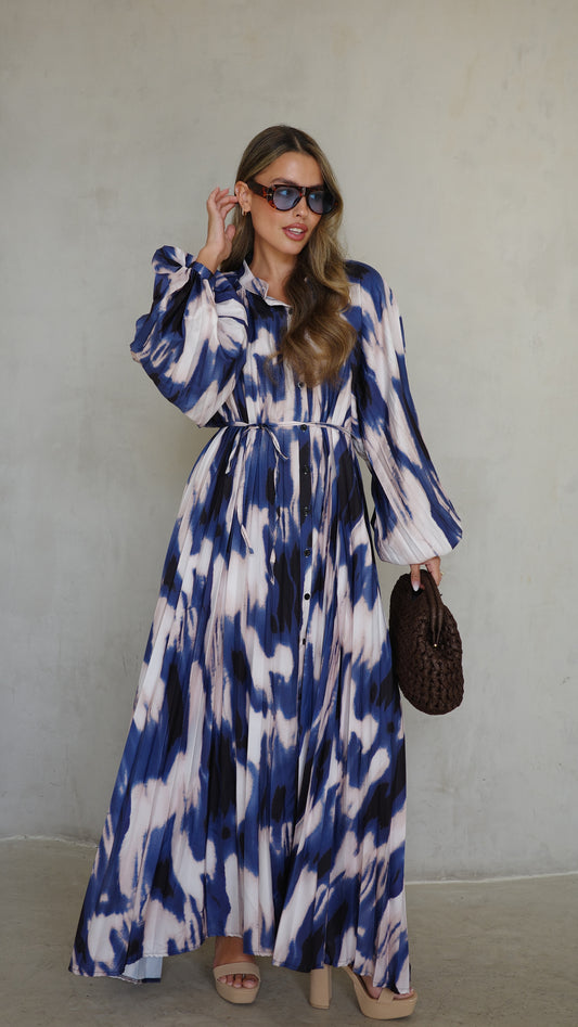 שמלת מקסי פליסה גוליאנה | שמנת/כחול