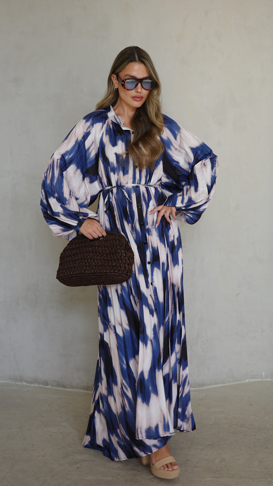 שמלת מקסי פליסה גוליאנה | שמנת/כחול