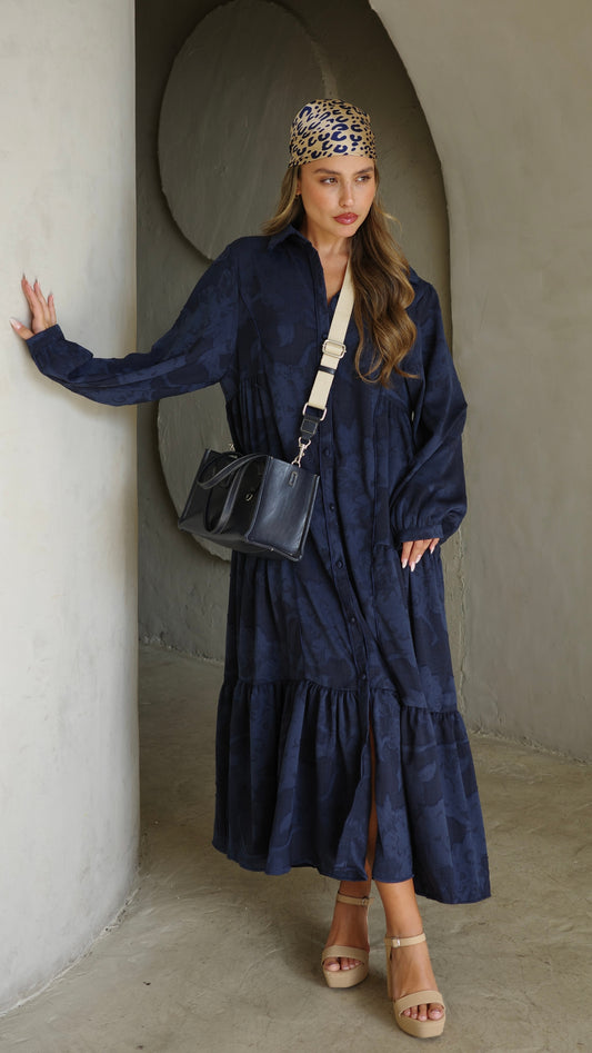 שמלת קלוש כפתורים טקסטורה אשלי  | כחול