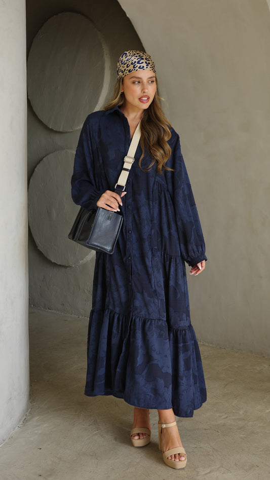 שמלת קלוש כפתורים טקסטורה אשלי  | כחול