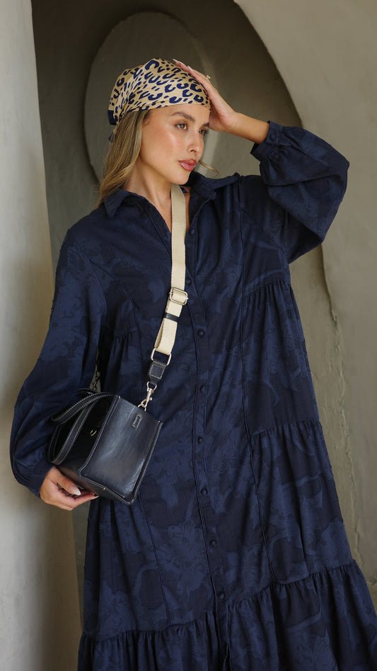 שמלת קלוש כפתורים טקסטורה אשלי  | כחול