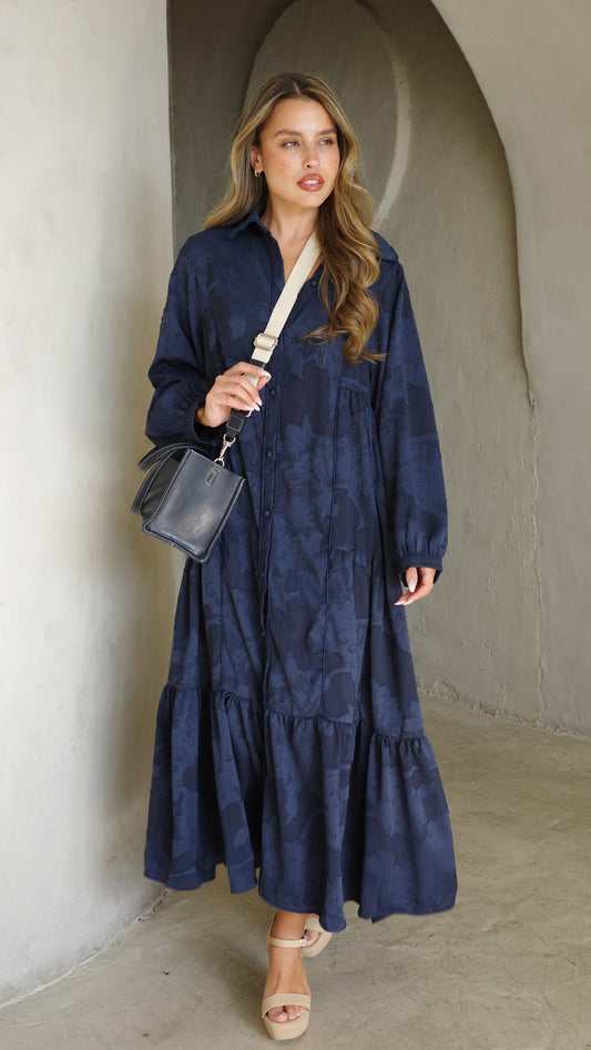 שמלת קלוש כפתורים טקסטורה אשלי  | כחול