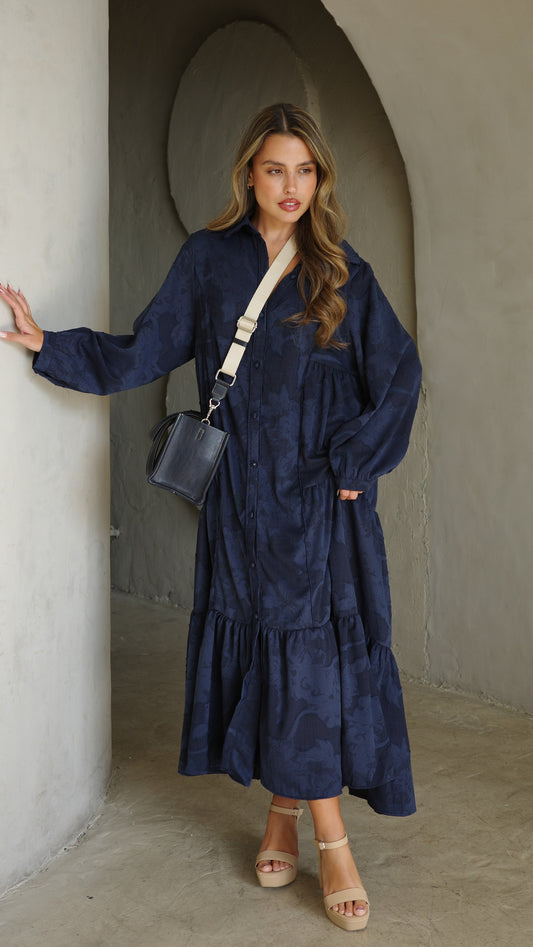 שמלת קלוש כפתורים טקסטורה אשלי  | כחול