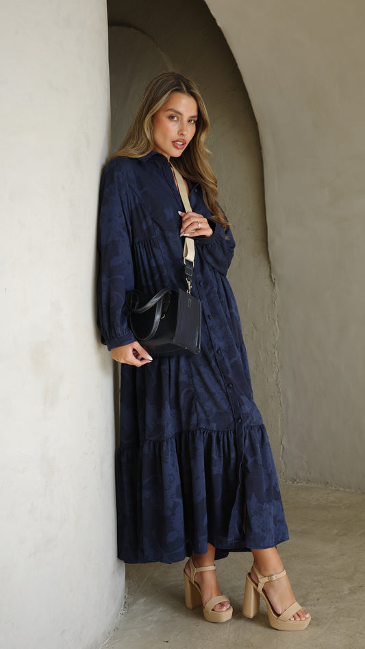 שמלת קלוש כפתורים טקסטורה אשלי  | כחול