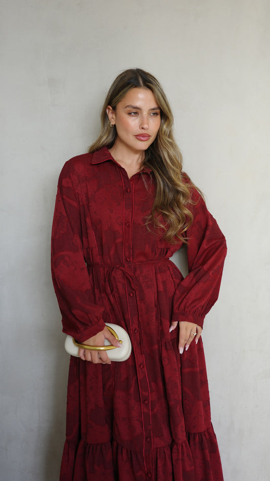 שמלת קלוש כפתורים טקסטורה אשלי  | בורדו