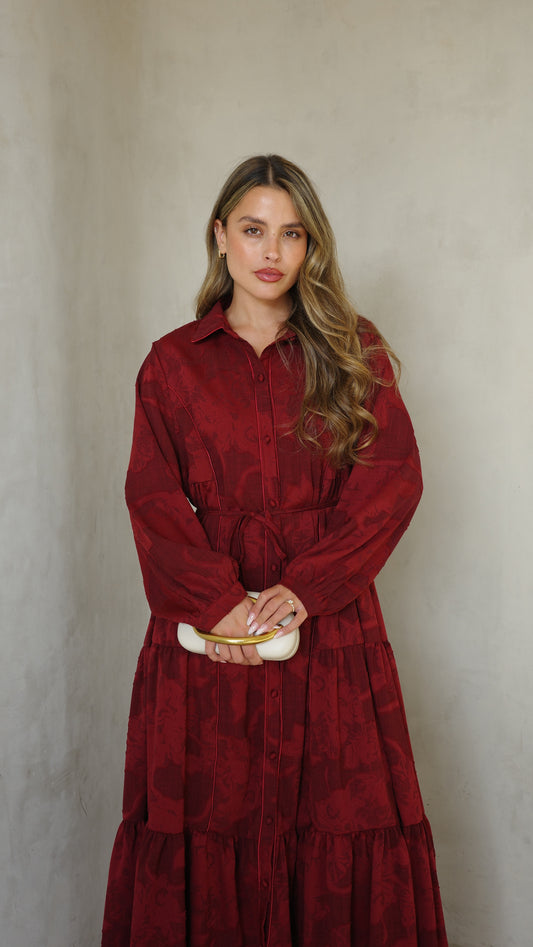 שמלת קלוש כפתורים טקסטורה אשלי  | בורדו