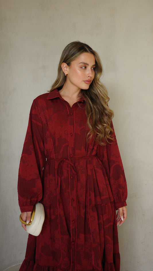 שמלת קלוש כפתורים טקסטורה אשלי  | בורדו