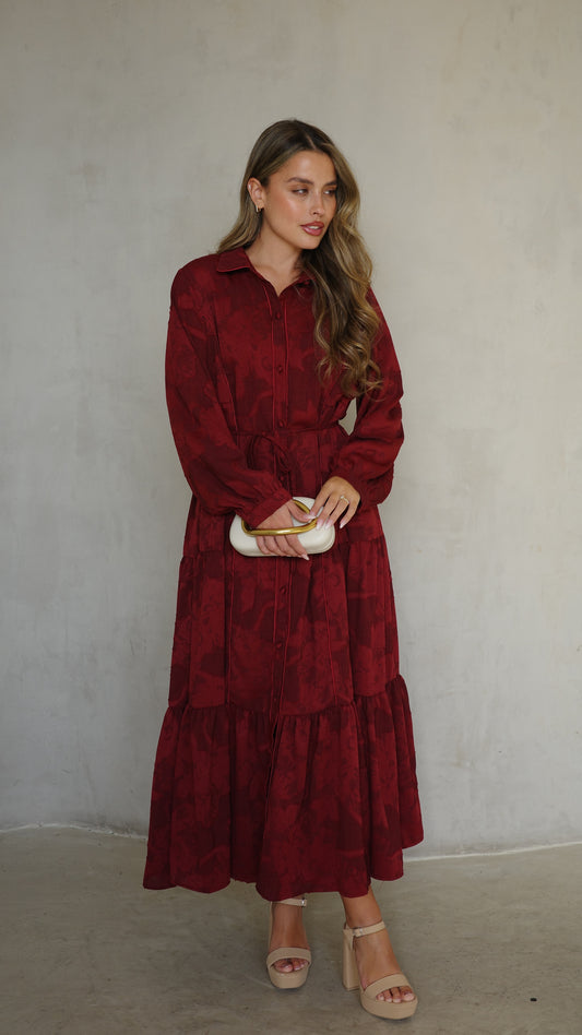 שמלת קלוש כפתורים טקסטורה אשלי  | בורדו