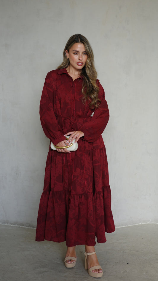 שמלת קלוש כפתורים טקסטורה אשלי  | בורדו