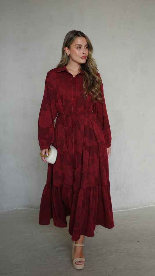 שמלת קלוש כפתורים טקסטורה אשלי  | בורדו