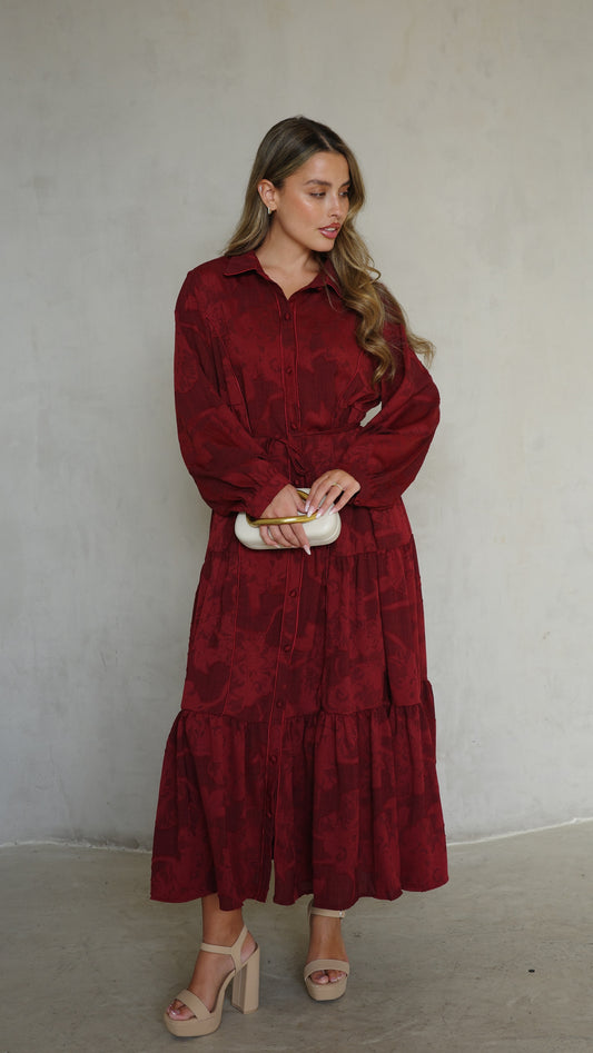 שמלת קלוש כפתורים טקסטורה אשלי  | בורדו