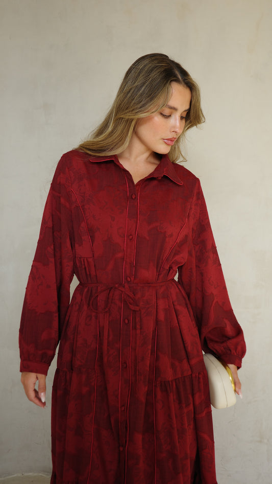 שמלת קלוש כפתורים טקסטורה אשלי  | בורדו