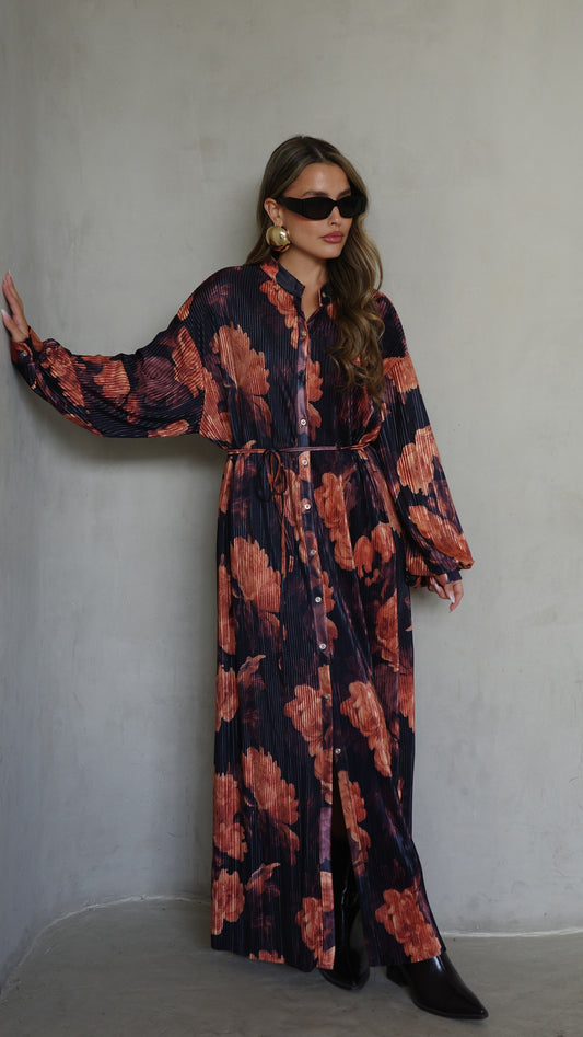 שמלת פליסה כפתורים קארן | שחור/כתום