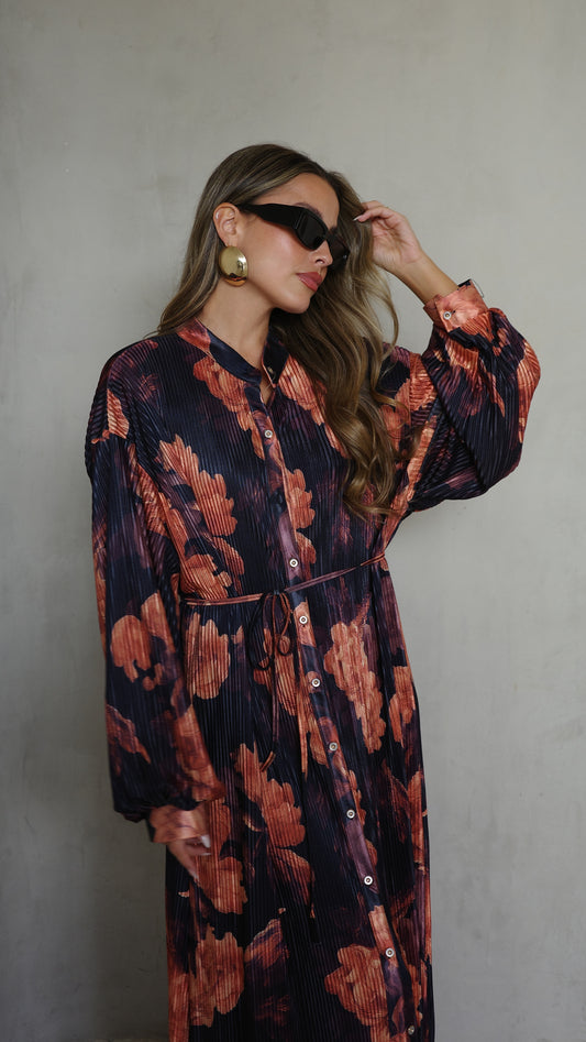 שמלת פליסה כפתורים קארן | שחור/כתום