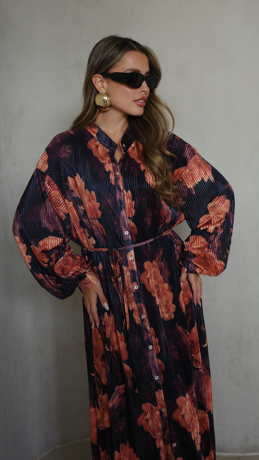 שמלת פליסה כפתורים קארן | שחור/כתום