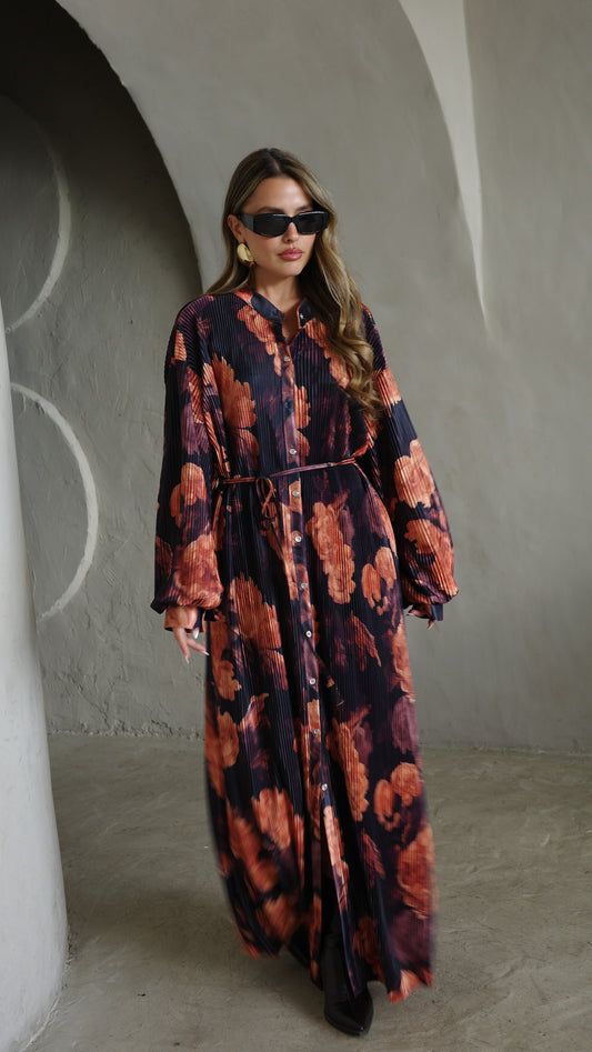 שמלת פליסה כפתורים קארן | שחור/כתום