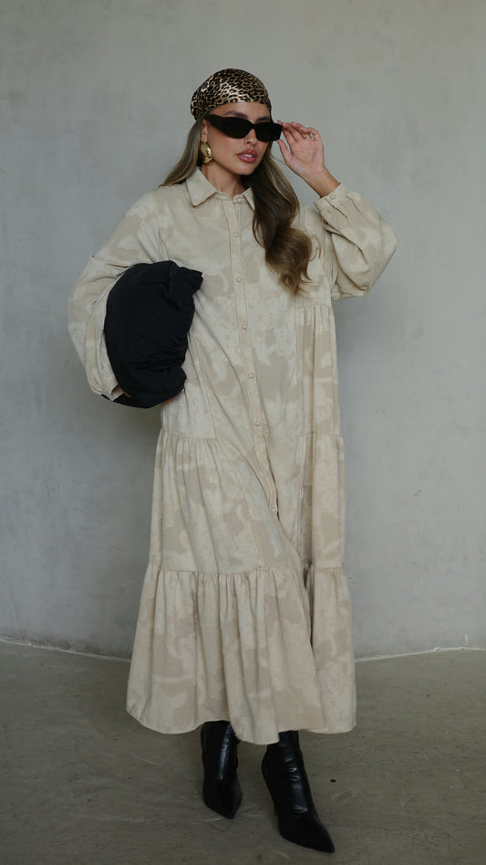 שמלת קלוש כפתורים טקסטורה אשלי  | בז