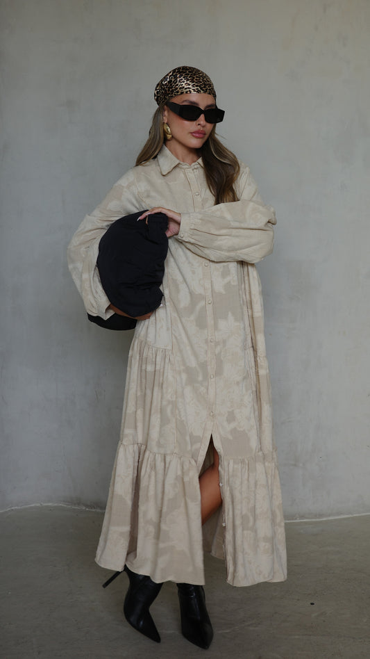 שמלת קלוש כפתורים טקסטורה אשלי  | בז