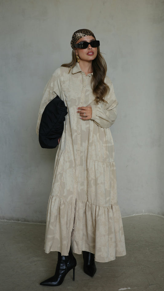 שמלת קלוש כפתורים טקסטורה אשלי  | בז