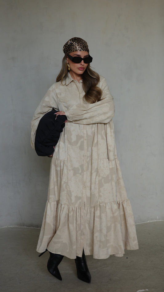 שמלת קלוש כפתורים טקסטורה אשלי  | בז