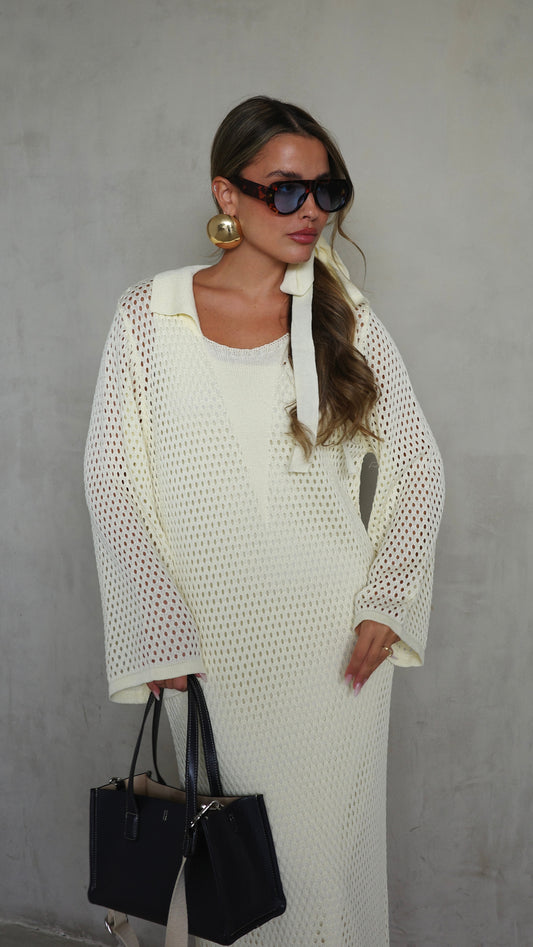 שמלת סריג 2 חלקים מחורר | שמנת