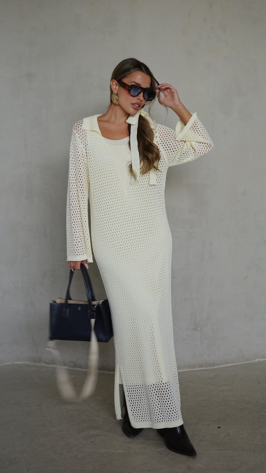 שמלת סריג 2 חלקים מחורר | שמנת