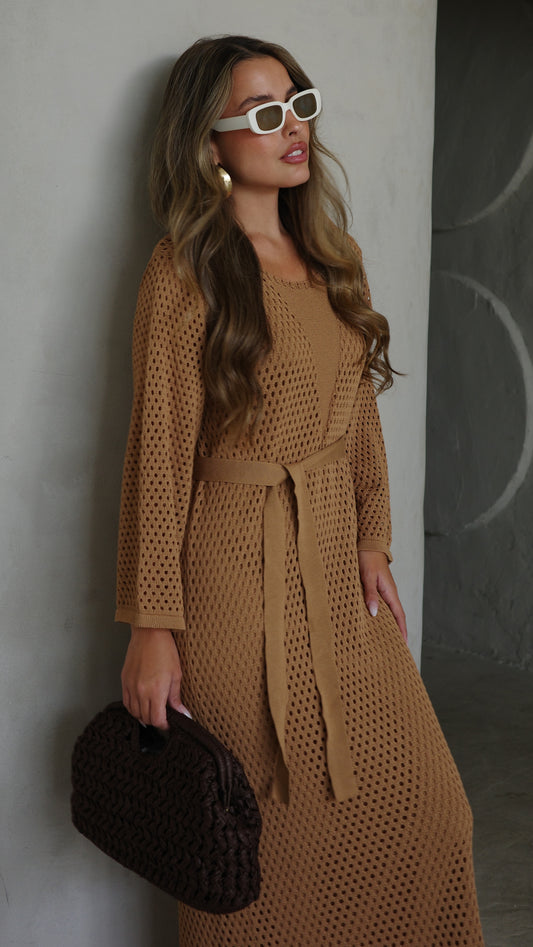 שמלת סריג 2 חלקים מחורר | קאמל