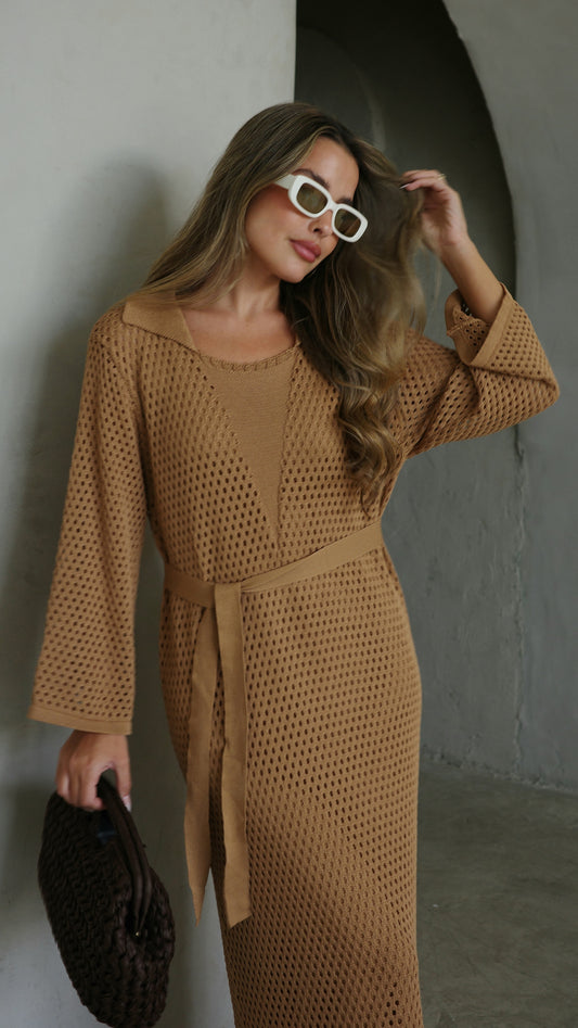 שמלת סריג 2 חלקים מחורר | קאמל