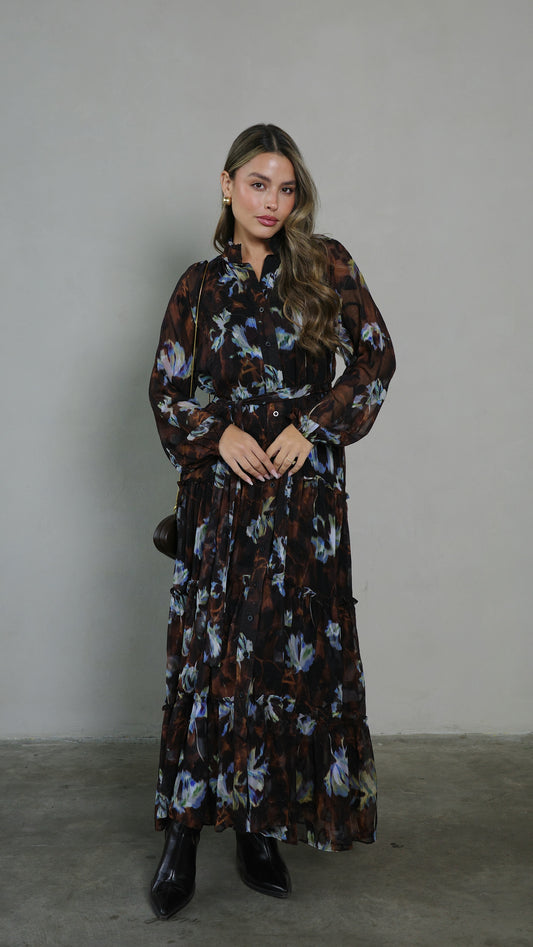 שמלת שיפון קלוש קומות פלווארס נויה | חום/תכלת