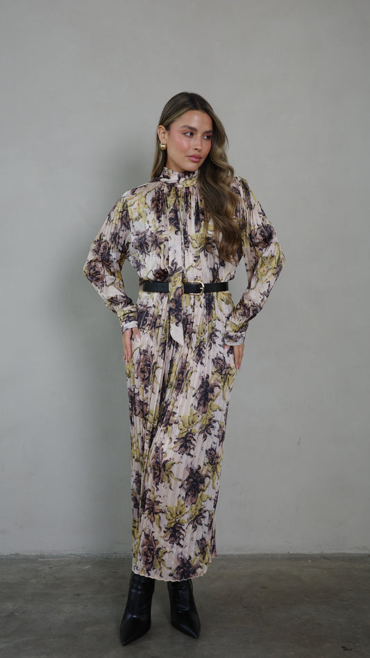 שמלת מידי פליסה קנדרה | בז/ירוק