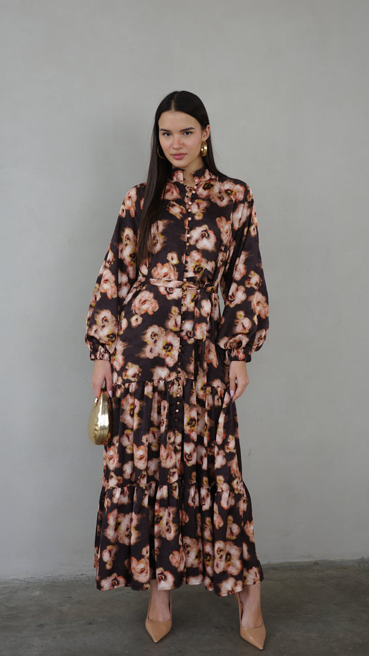 שמלת מקסי קלוש קומות פלווארס | חום/אפרסק