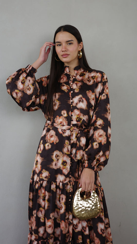 שמלת מקסי קלוש קומות פלווארס | חום/אפרסק