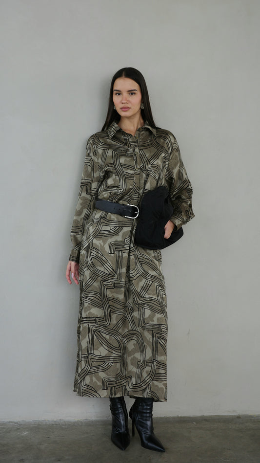 שמלת מקסי גלביה קלאסי מישל | חום/ירוק