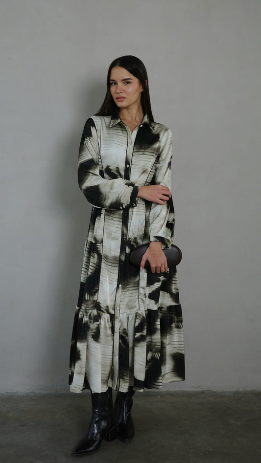 שמלת קלוש כפתורים טקסטורה אשלי | שמנת/אפור