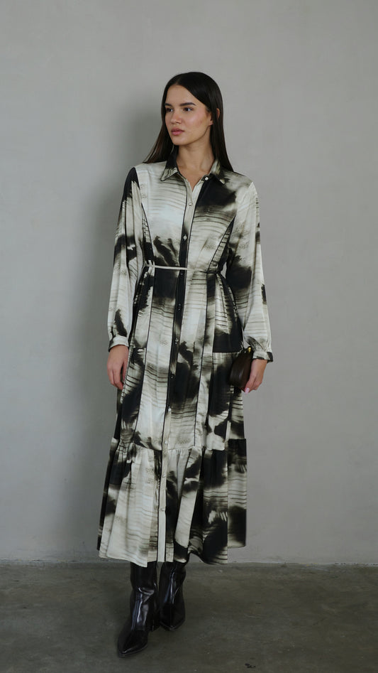 שמלת קלוש כפתורים טקסטורה אשלי | שמנת/אפור