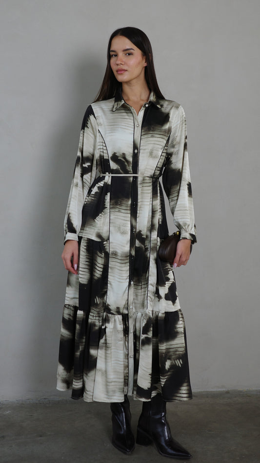 שמלת קלוש כפתורים טקסטורה אשלי | שמנת/אפור