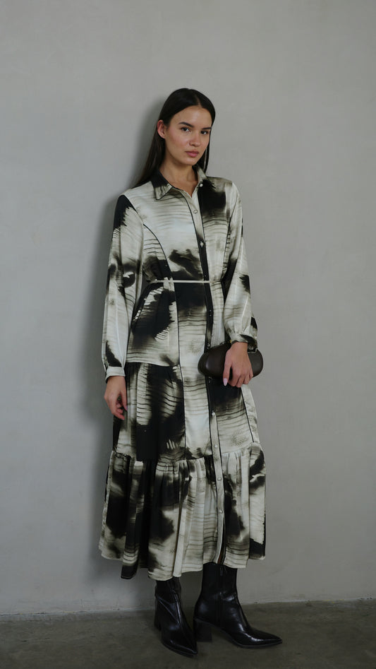 שמלת קלוש כפתורים טקסטורה אשלי | שמנת/אפור