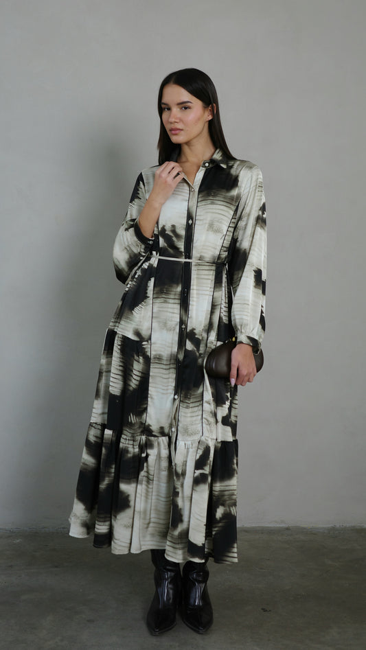 שמלת קלוש כפתורים טקסטורה אשלי | שמנת/אפור