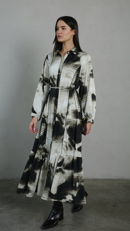 שמלת קלוש כפתורים טקסטורה אשלי | שמנת/אפור