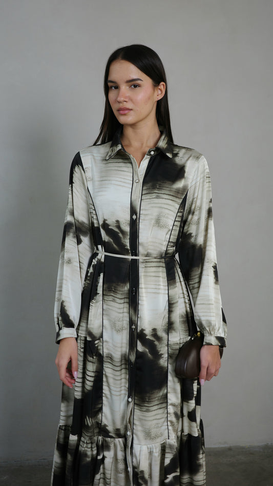 שמלת קלוש כפתורים טקסטורה אשלי | שמנת/אפור