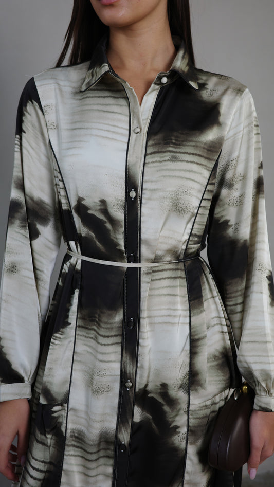 שמלת קלוש כפתורים טקסטורה אשלי | שמנת/אפור