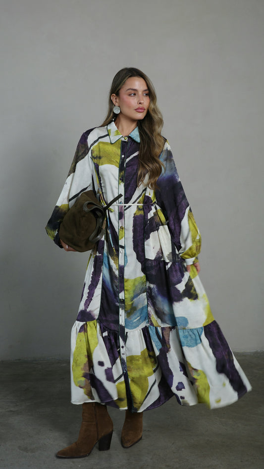 שמלת קלוש כפתורים טקסטורה אשלי | סגול/ירוק