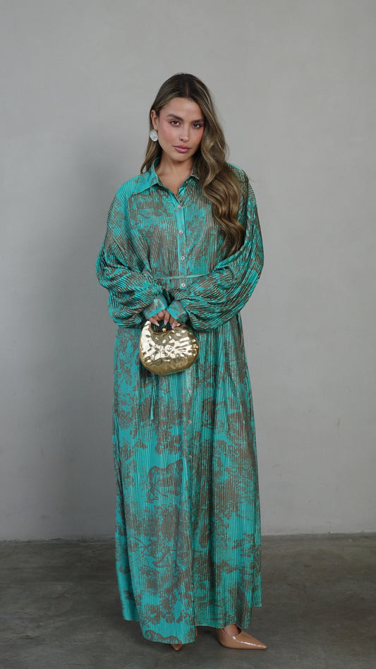 שמלת פליסה כפתורים קארן | טורקיז