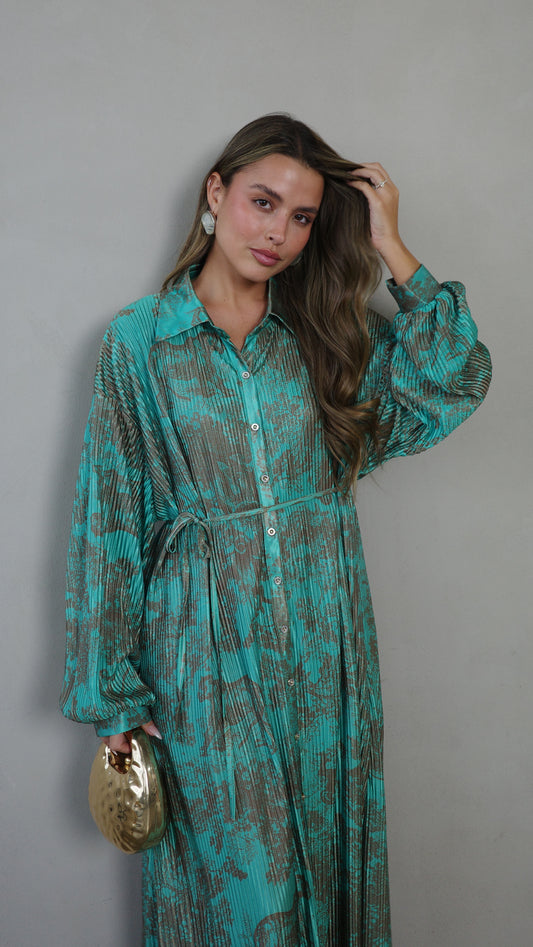 שמלת פליסה כפתורים קארן | טורקיז